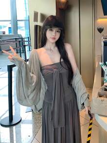 夏季灰色透視針織開襟短版女式開衫，優雅甜美休閒街頭 Y2K 風格長袖寬鬆針織上衣，適合秋季 - 灰色 - 查看 6