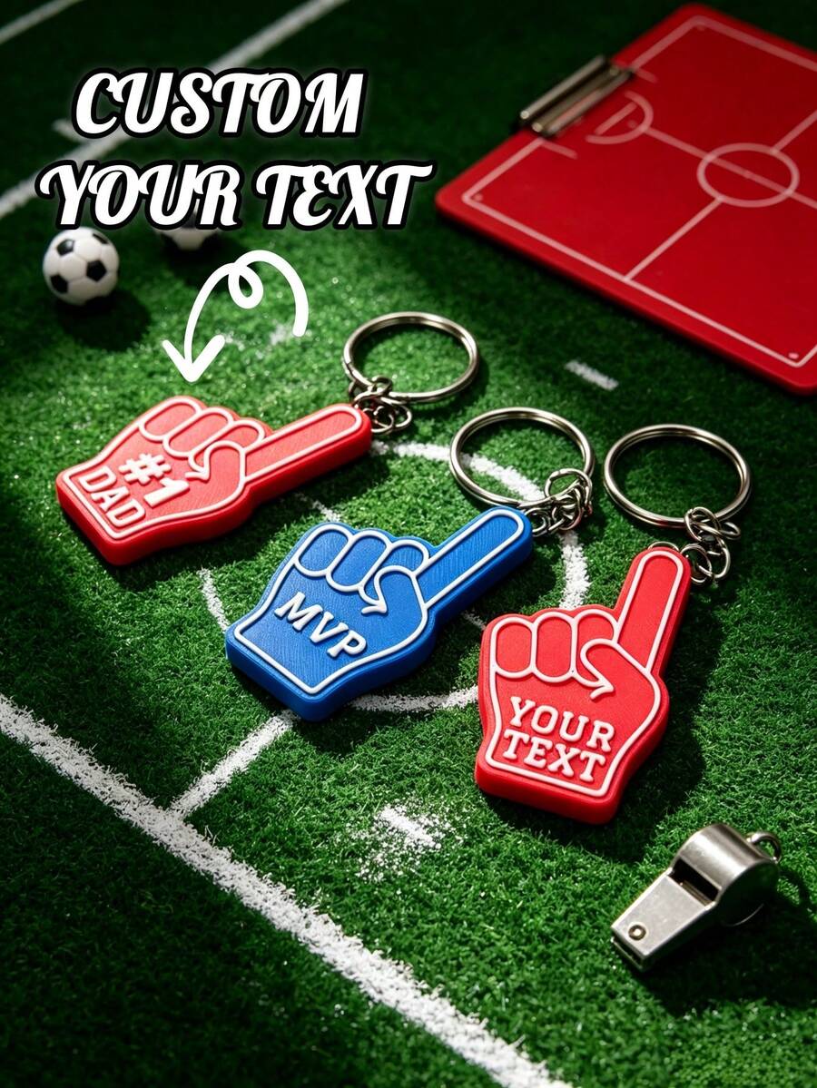 1Pc Personalized 3D Printed Foam Finger Keychain - Custom Text Sports Fan Keyring, #1 Fan Team Spirit Accessory, Varsity Style Keychain , Graduation, Sports Events, Games, Gifts & More - Multicolor - View 1