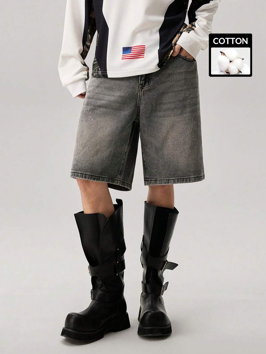 Men's Pockets Loose Wide Leg Casual Versatile Denim Shorts Grey Jean Shorts Men - Light Grey - View 1