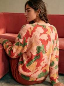 French Fresh Floral Print Round Neck Pullover Sweater Knit Top For Women - Flower - View 2