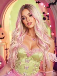 Peluca rizada de 26 pulgadas con raya media, peluca sintética: de aspecto natural y resistente al calor para fiestas, cosplay y uso diario - Resaltar rosa - Ver 1