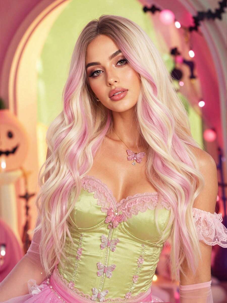 Peluca rizada de 26 pulgadas con raya media, peluca sintética: de aspecto natural y resistente al calor para fiestas, cosplay y uso diario - Resaltar rosa - Ver 1
