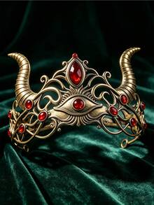 1pc Demon Horn With Evil Eye Crown, Vintage Metal Rhinestone Headband, Women's Halloween Witch Cosplay Party Costume Hair Accessory - Golden Red - View 4