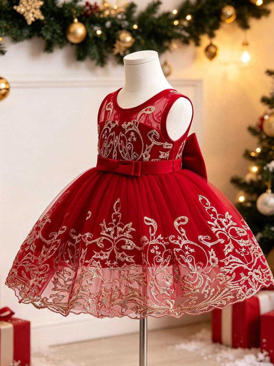 女嬰精緻刺繡蝴蝶結裝飾圓領聖誕洋裝,適合花童婚禮、生日派對、周歲生日及其他場合 - 紅色 - 查看 1