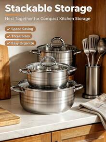 3‑Piece /6‑Piece Cookware Set Optional, Thickened Food‑Grade Stew & Stock Pots, Heat‑Resistant Glass Lid Design, Heat‑Resistant Anti‑Scald Handles, Polished Silver Metal Finish, Glass Lids With Vent Holes, Must‑Have Kitchen Essentials - View 3