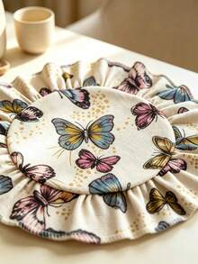 HXARTMIS 4/6/12/24/36PC Vintage Butterfly Print Round Scalloped Edge Placemats, Washable Heat-Resistant Table Mats, Suitable For Home, Party Decoration Dining Table Mats - Beige - View 4