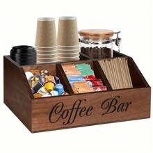 Rustic Wooden Coffee Station Organizer For Countertop - Multi-Functional Brown Coffee Capsule Storage Basket With Drawer And Hooks, Suitable For Coffee, Tea And Accessories Decoration, Coffee Bar - Multicolor - View 3