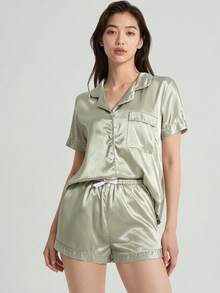 Mystèrelle 夏季清爽純色女式睡衣套裝，優雅短袖鈕扣翻領上衣配寬鬆長褲，親膚順滑 - 綠色 - 查看 1