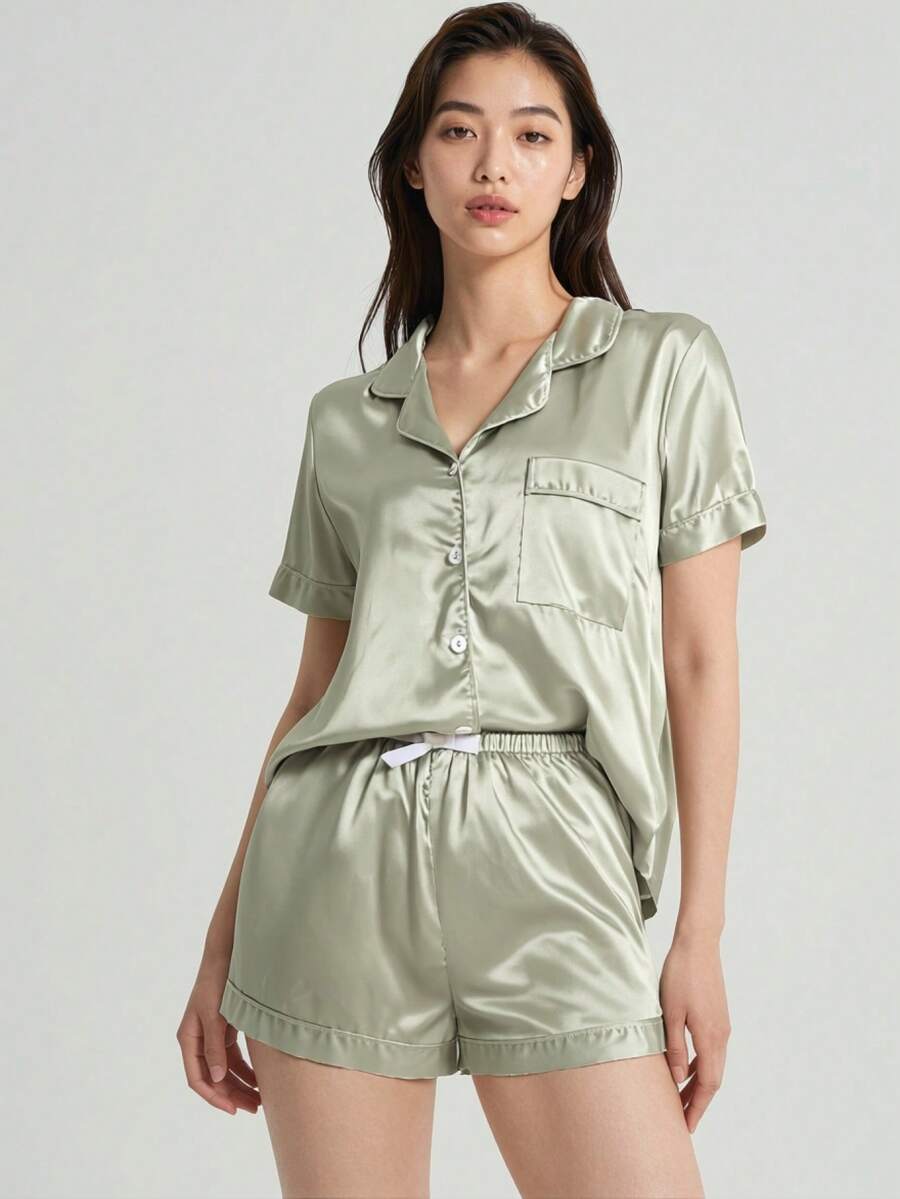 Mystèrelle 夏季清爽純色女式睡衣套裝,優雅短袖鈕扣翻領上衣配寬鬆長褲,親膚順滑 - 綠色 - 查看 1