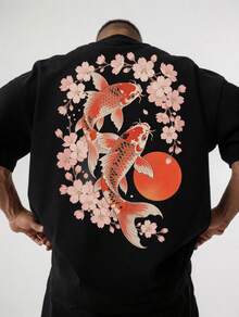 Camiseta para hombre con estampado de carpas koi, cerezos rosas y sol rojo, corte holgado ideal para días de verano y reuniones familiares - Negro - Ver 1
