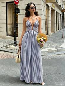 Summer Vacation Style Deep V-Neck Striped Halter Backless Dress - Royal Blue - View 1