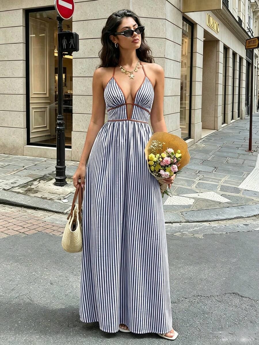 Summer Vacation Style Deep V-Neck Striped Halter Backless Dress - Royal Blue - View 1