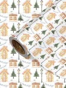 1 Roll Of Christmas Gift Wrapping Paper Featuring A "Snow-Capped Pine Cabin" Pattern;Perfect For Christmas Gift Wrapping,Holiday Party Decor,Home Festive Decoration,DIY Craft,Festive Favour Wrapping Dimensions: 43 Cm X 300 Cm. - A - View 1