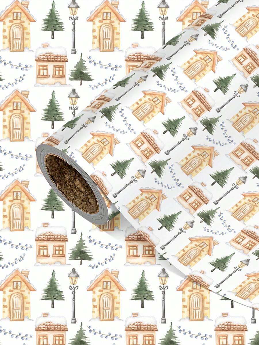 1 Roll Of Christmas Gift Wrapping Paper Featuring A "Snow-Capped Pine Cabin" Pattern;Perfect For Christmas Gift Wrapping,Holiday Party Decor,Home Festive Decoration,DIY Craft,Festive Favour Wrapping Dimensions: 43 Cm X 300 Cm. - A - View 1