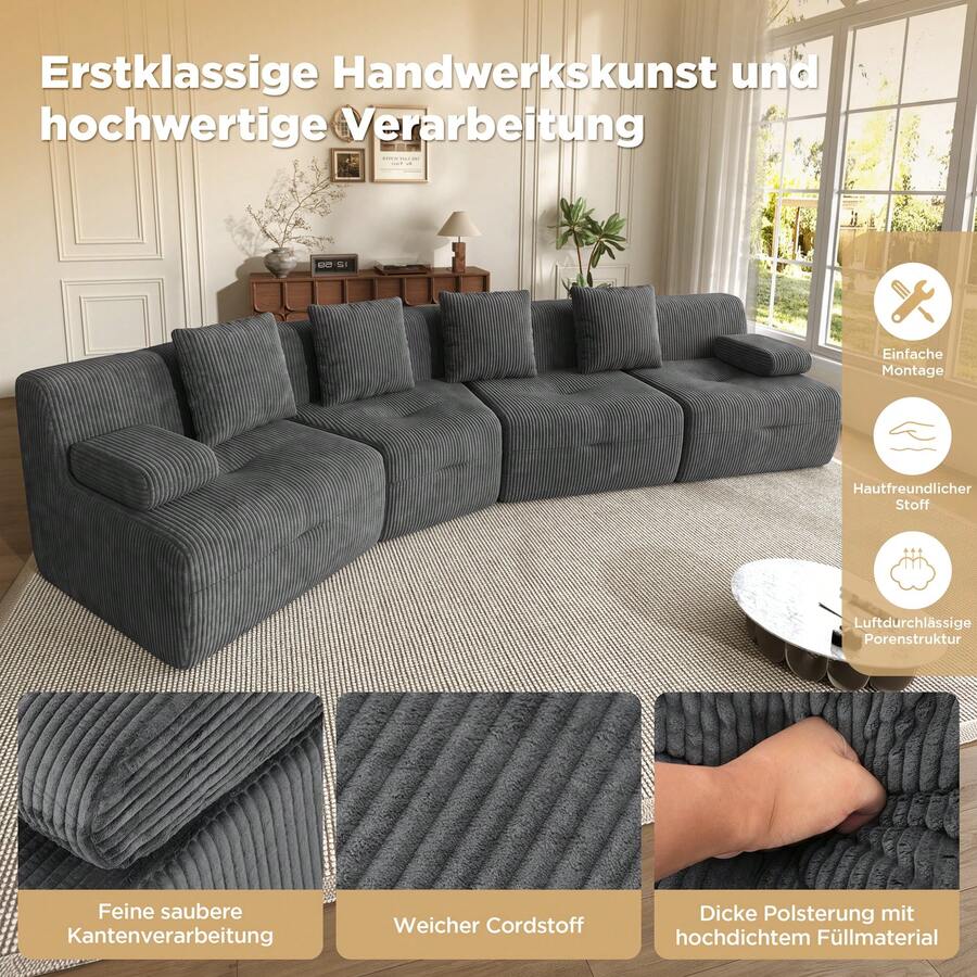 Sofa Grey Made Of Corduroy For Living Room - 深灰色 4 人座 - 查看 1