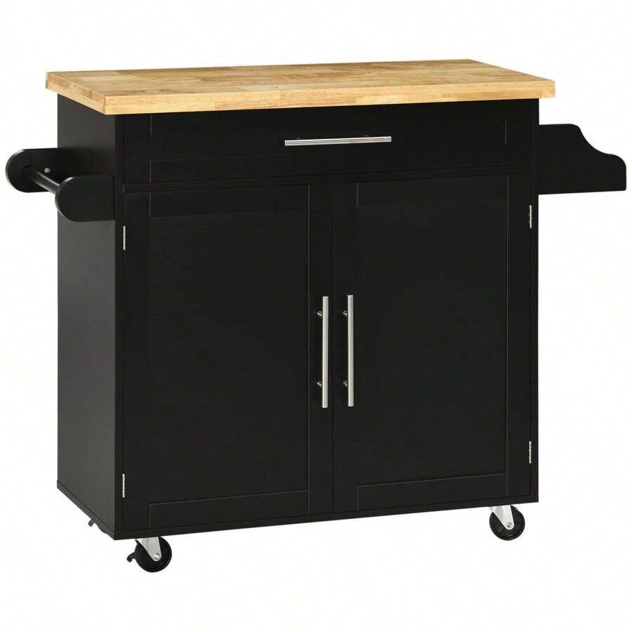 Carrito de Cocina con Encimera y Estante para Especias, Porta Toallas para Sala de Estar y Comedor 109x40x89cm - Negro + Madera - Ver 1