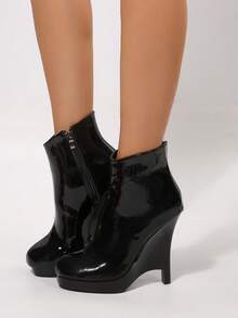 Red & Black Solid Color Commuter Side Zipper 2026 Mirror Wedge High Heels Holiday Winter - Black - View 15