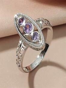 1pc Creative Hollow Design Round Purple Synthetic Cubic Zirconia White K-Plated Women's Ring, Suitable For All Special Celebrations Throughout The Year, Enhancing Your Charm - Purple - View 4