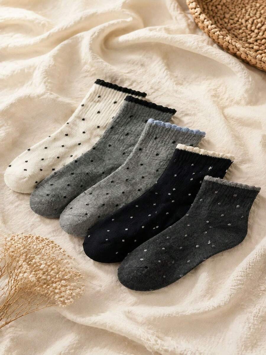 5 Pairs Women's Ribbed Polka Dot Mid-Calf Socks For Everyday Wear College Style, Versatile - Multicolor - View 1