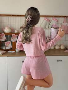 2pcs Women's Semi-Hollow Round Neck Long Sleeve Cute Loungewear + Side Slit Shorts - Pink - View 9