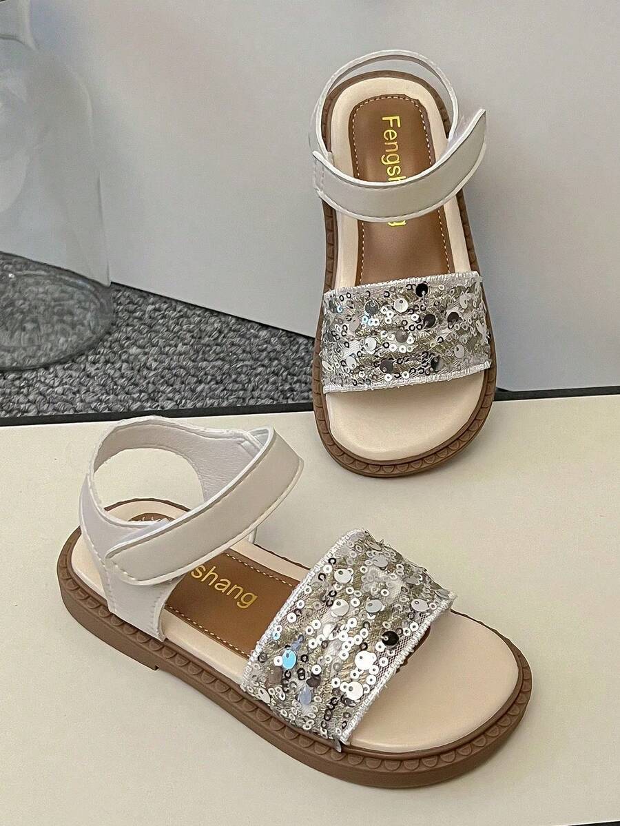 1 Pair Girls' Silver Mixed Color Sequin Glitter Wide Strap Hook & Loop Square Toe Open Toe Flat Sandals, Suitable For Party, Photography And Vacation