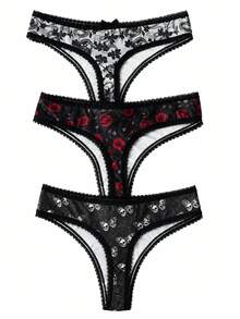 3 Packs Goth Women Panties, Snake Floral Red Rose Skull‑Butterfly Print Lace Trim Mid‑Waist Underwear Set - Multicolor - View 6