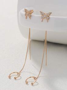 2 buah Anting Jepit Kawat Bentuk Kupu-kupu dengan Rumbai Zirkonia Tembaga - Yellow Gold - View 5