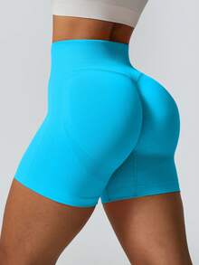 NcmRyu 1pc Women's Ribbed High Waist Butt-Lifting Soft Comfortable Gym Shorts - Sky Blue - View 5