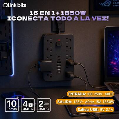 LINK BITS Tira de poder de 16 en 1, montable en pared, con interruptor mecánico - 10 tomas CA EE.UU. espaciosas + 4 USB + 2 Tipo-C - Extensión blanca para oficina, hogar y estudio - Enchufe EE.UU., 125V/15A/1850W con protección contra sobrecarga
