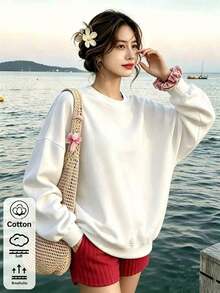 2026 Autumn Women's Custom Loose White Pullover Sweatshirt, Lemon And Letter Print, Vacation Casual Style - White - View 2