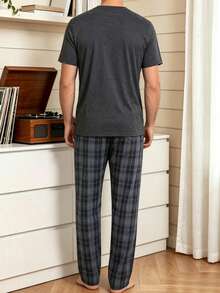 Men's Summer Pajama Set, Round Neck Solid Color Short Sleeve Top And Plaid Long Pants Loungewear - Multicolor - View 2