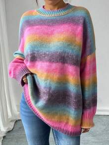 Fashionable Women's Plus Size Long Sleeve Rainbow Sweater, Round Neck Drop Shoulder Knit Pullover, Autumn/Winter Women's Clothing - Multicolor - View 8