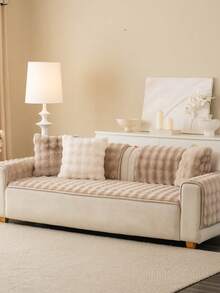 1PC Plush Bunny Faux Fur Sofa Seat Cushion, Bubble Wavy Textured Non‑Slip Sofa Cover, Machine Washable Scratch Resistant Sofa Protector For 1‑2‑3‑4 Seater Sofa, Soft Cozy Furniture Cover For Pets And Home - Khaki - View 8