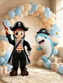 2pcs Standing Large Base Pirate Man & Pirate Shark Shaped Balloons, Suitable For Birthday Party Celebration Decoration, Holiday Party Atmosphere Decoration, Indoor Outdoor Room Scene Arrangement - View 1