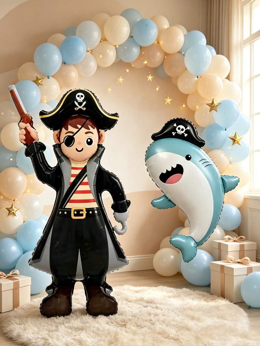 2pcs Standing Large Base Pirate Man & Pirate Shark Shaped Balloons, Suitable For Birthday Party Celebration Decoration, Holiday Party Atmosphere Decoration, Indoor Outdoor Room Scene Arrangement - View 1