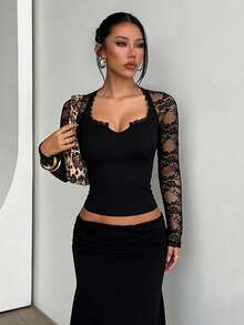 Stylish Black Sweetheart Neck Lace Sleeve Top For Women, Semi-Sheer Knitted Fabric For A Bodycon Look - Black - View 2