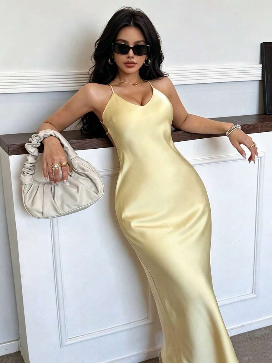 Seelio Summer New Arrival Women's Fashionable Sexy V-Neck Satin Slip Backless Midi Dress Party Elegant Yellow - Yellow - View 1