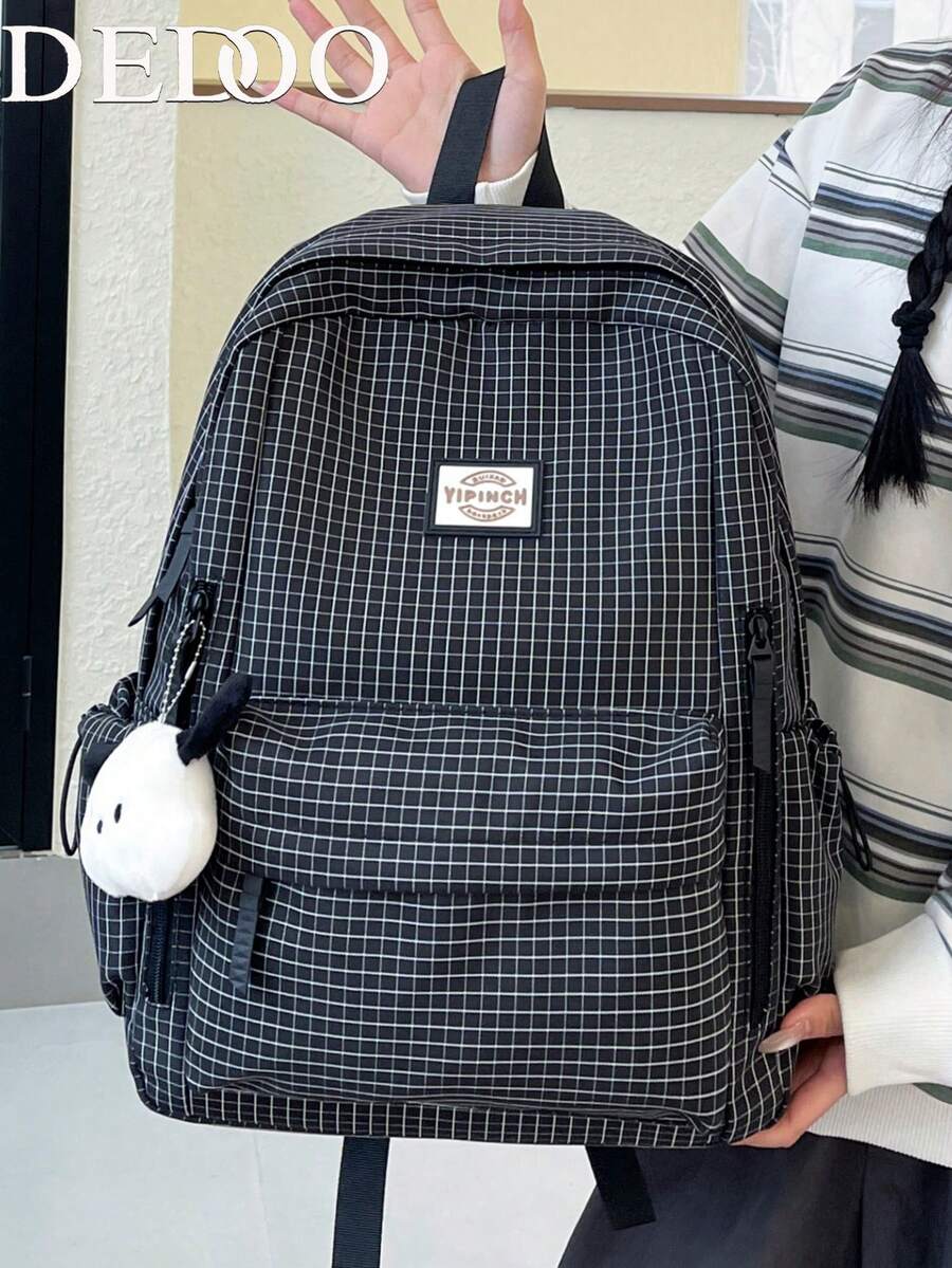 Dedoo 大容量時尚格紋多口袋尼龍休閒後背包，防水輕量可折疊字母貼布旅行包，夏季返校季