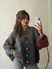 MORI Fall Winter Y2K Elegant Dark Grey Cable Knit Chunky Oversized Round Neck Button Down Cardigan Sweater Tops Women Outfits - Grey - View 5