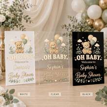 Personalized Teddy Bear Acrylic Welcome Sign, Neutral Baby Shower Decor - Multicolor - View 2
