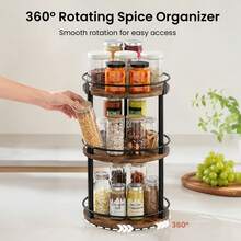LOVEWE 3‑Tier Wood & Iron Rotating Spice Rack, 360° Lazy Susan Turntable, Space Saving Storage Organizer, For Kitchen/Countertop/Cabinet - Black Frame Walnut Color - View 10