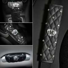All-Season Luxury Crown Rhinestone PU Leather Car Interior Set, Car Seat Belt Shoulder Cover, Gear Shift Cover, Handbrake Cover, Door Handle Cover, Universal Black Car Decor Gift - PU Leather - View 1
