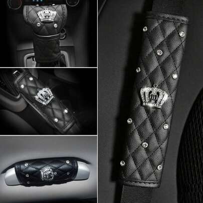 Juego de lujo para todas las estaciones con corona de strass y cuero PU para el interior del coche, funda para el cinturón de , funda para la palanca de cambios, funda para el freno de mano, funda para la manija de la puerta, decoración universal negra para coche, regalo