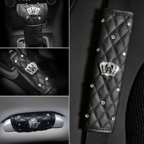 All-Season Luxury Crown Rhinestone PU Leather Car Interior Set, Car Seat Belt Shoulder Cover, Gear Shift Cover, Handbrake Cover, Door Handle Cover, Universal Black Car Decor Gift