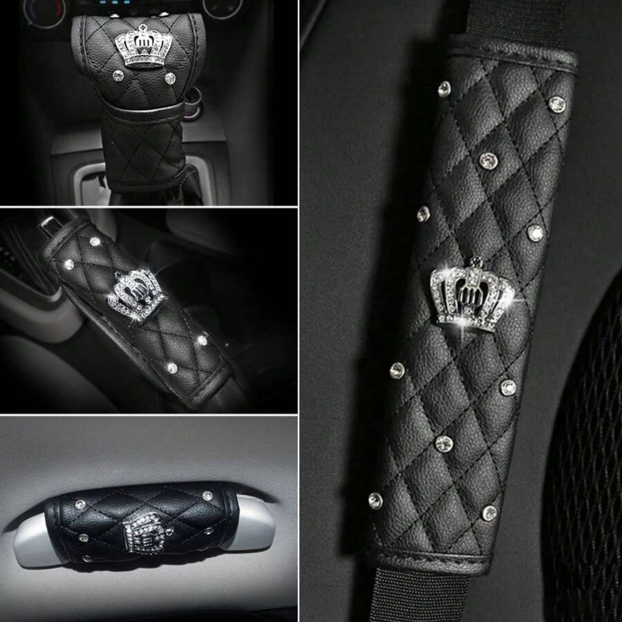 All-Season Luxury Crown Rhinestone PU Leather Car Interior Set, Car Seat Belt Shoulder Cover, Gear Shift Cover, Handbrake Cover, Door Handle Cover, Universal Black Car Decor Gift - PU Leather - View 1