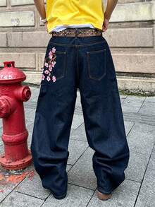 Streetwear-jeans i denim med plomblomsbrodyr för tonåringar - Marinblå - Visa 2