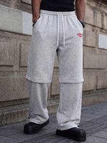 MAISONFOX Men's Grey Patchwork Loose Pants, Red Letter Print, Drawstring Waist, Adjustable Hem, Cargo Pants, Retro Hip-Hop Style Sweatpants - Light Grey - View 9