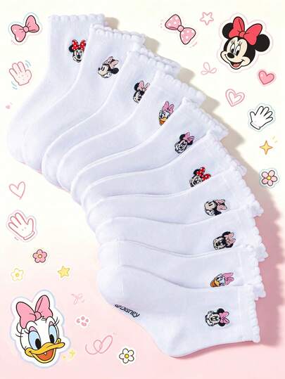 1/5/10 Pairs Disney Mickey Minnie Daisy Cartoon Embroidered Pattern Mid-Calf Kids Socks Set, White Socks, Boys & Girls Casual Socks, Children Socks, Toddler Socks, White Socks, Breathable Non-Slip Comfortable Skin-Friendly Kids Socks, Girls Short Socks, Spring Lightweight Fashion Kids Socks, Popular Sweet Princess Ruffle Socks, Light Color Vertical Striped Knit Fabric, Non-Slip Breathable, Cute Mid-Calf Socks, Suitable For School And Party