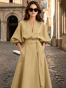 Solid Color Printed Belt Decor V-Neck Puff Sleeve A-Line Dress Summer Elegant - Khaki - View 3