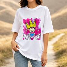 Everyday Essential Cartoon Unisex Oversized Cotton Tee, Cute Vintage Animated Graphic Print Short Sleeve All Season Top - 白色 - 查看 1